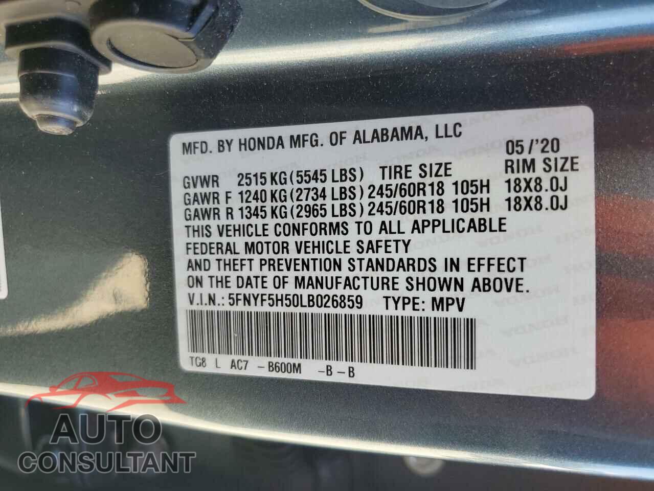 HONDA PILOT 2020 - 5FNYF5H50LB026859