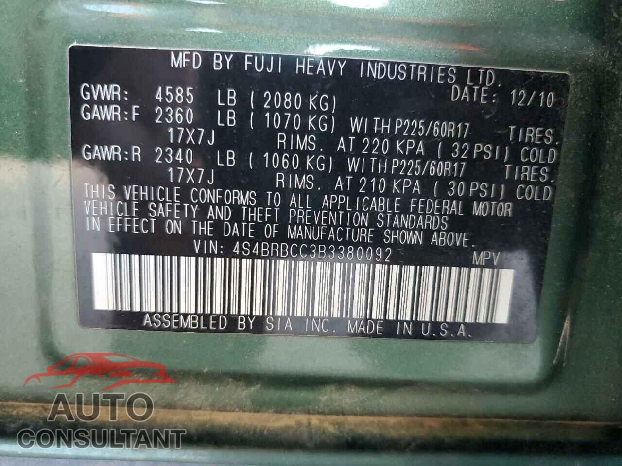 SUBARU OUTBACK 2011 - 4S4BRBCC3B3380092