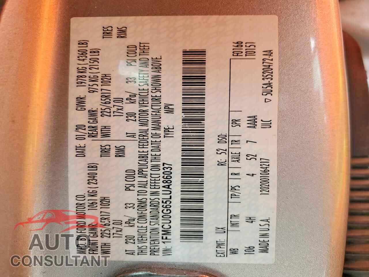 FORD ESCAPE 2020 - 1FMCU0G65LUA86037