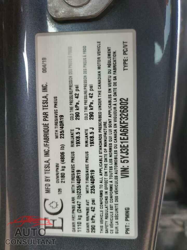 TESLA MODEL 3 2019 - 5YJ3E1EA6KF326802
