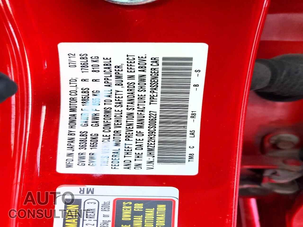 HONDA INSIGHT 2012 - JHMZE2H39CS006227