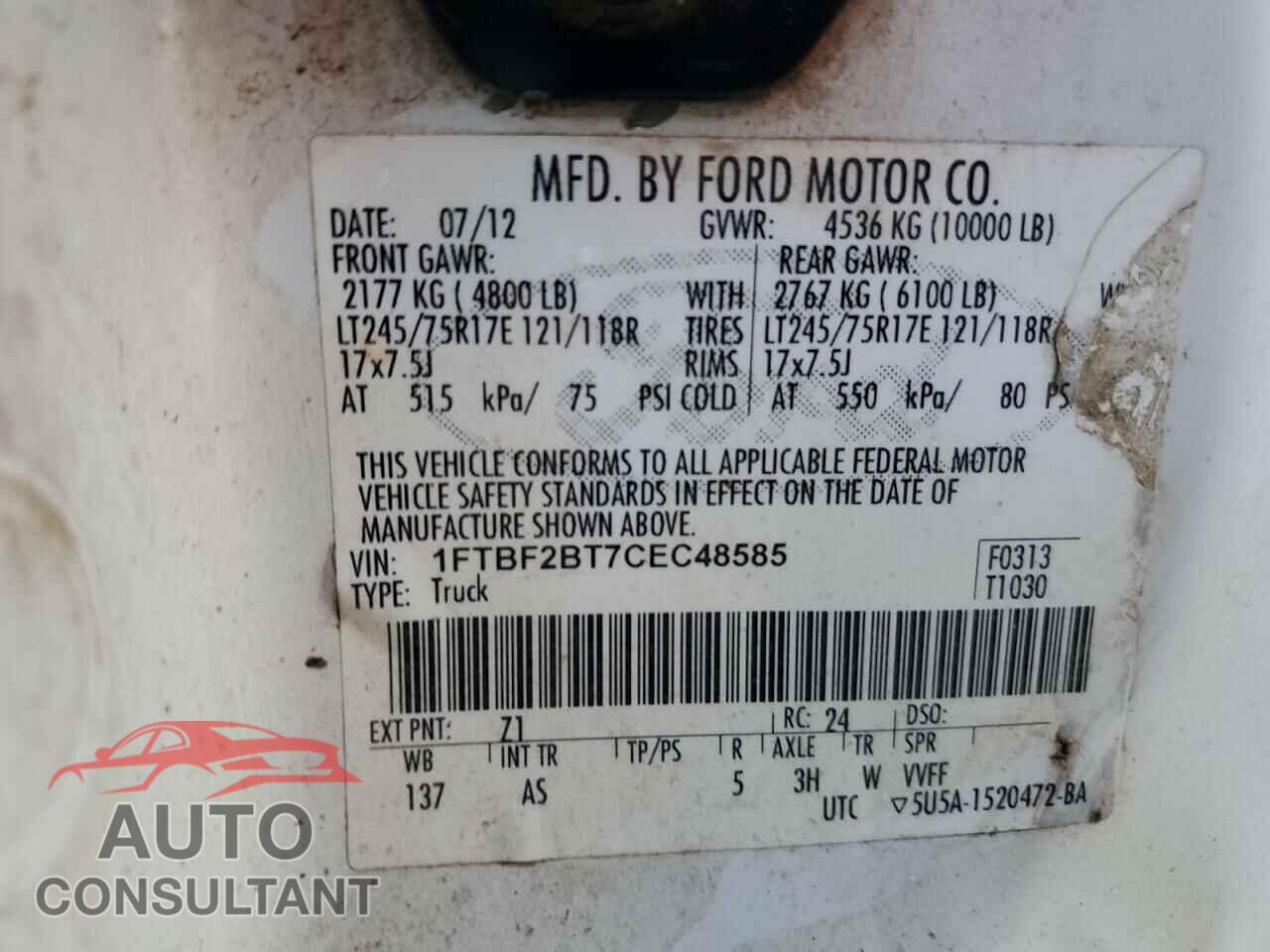 FORD F250 2012 - 1FTBF2BT7CEC48585