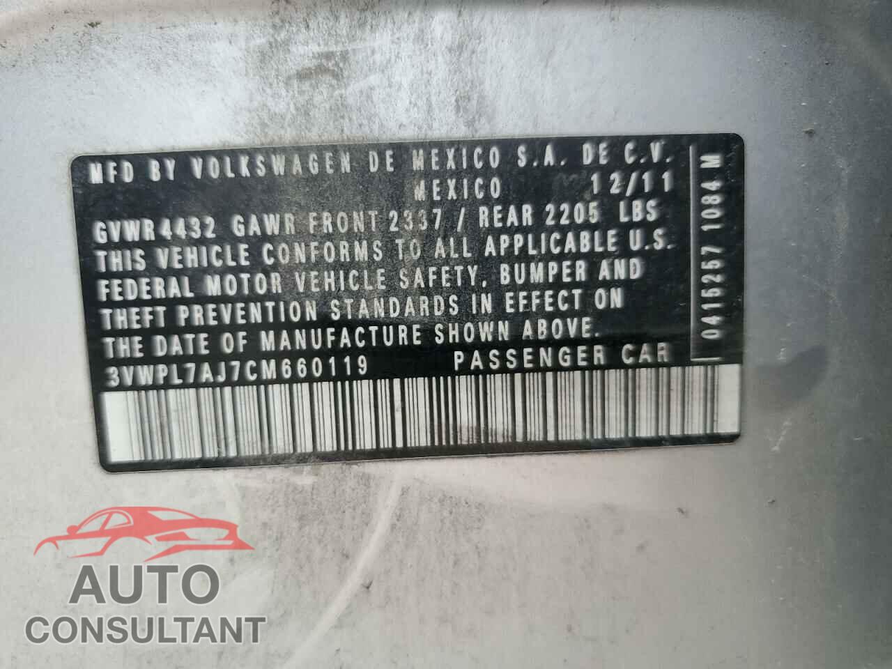 VOLKSWAGEN JETTA 2012 - 3VWPL7AJ7CM660119