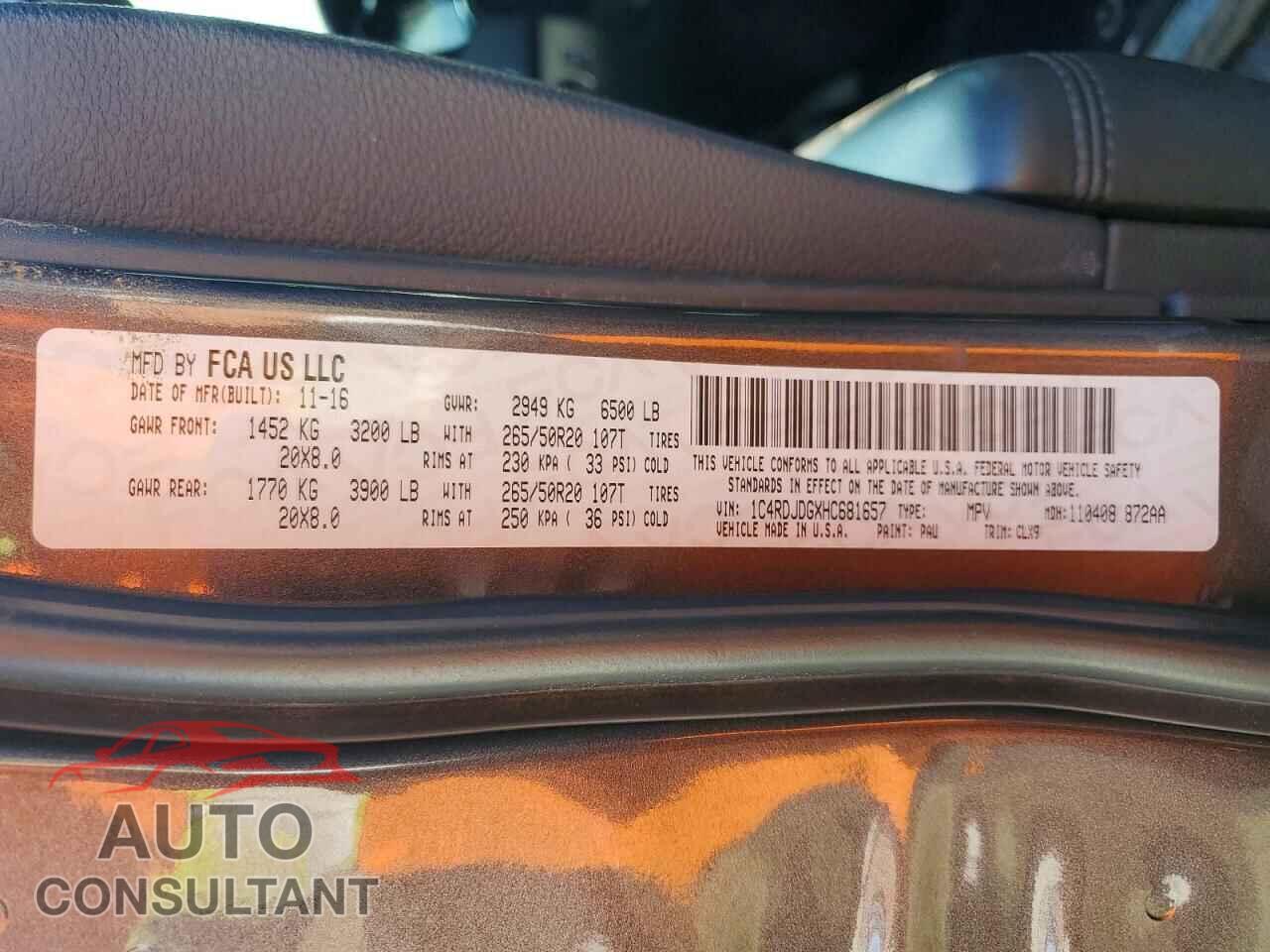 DODGE DURANGO 2017 - 1C4RDJDGXHC681657