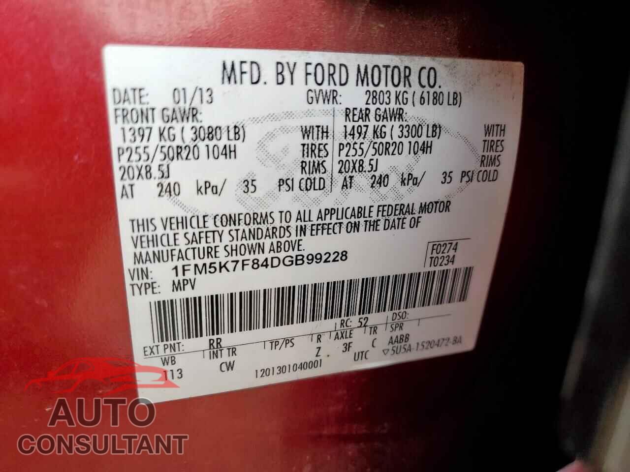 FORD EXPLORER 2013 - 1FM5K7F84DGB99228