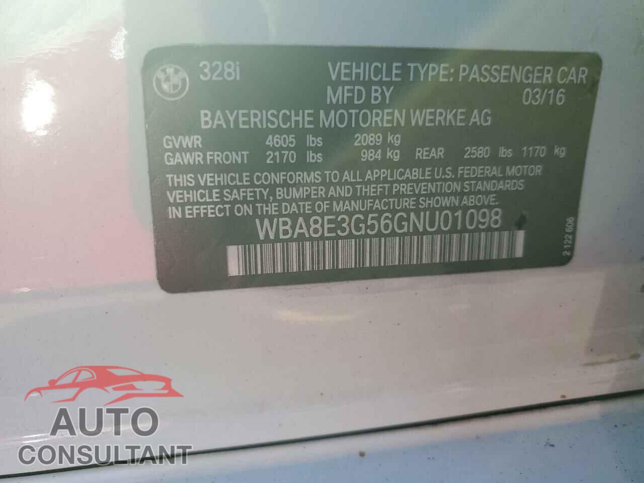 BMW 3 SERIES 2016 - WBA8E3G56GNU01098