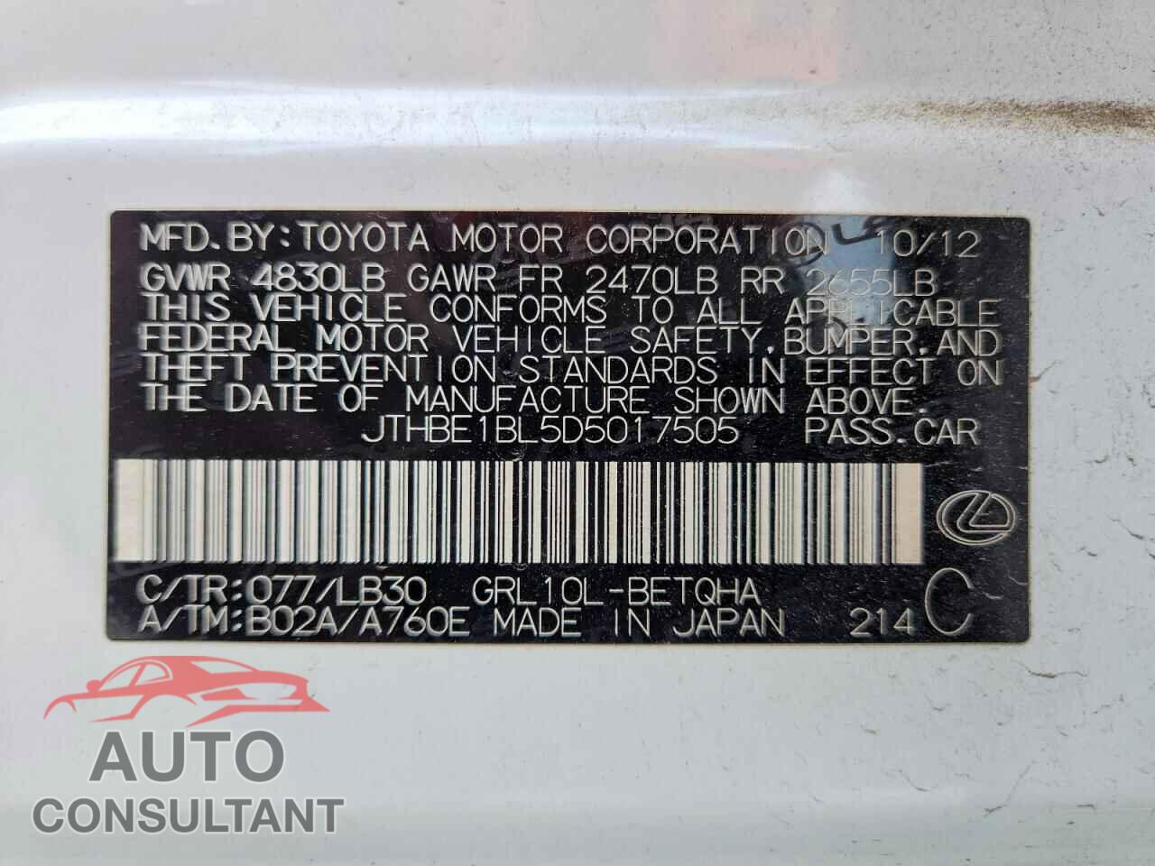 LEXUS GS350 2013 - JTHBE1BL5D5017505