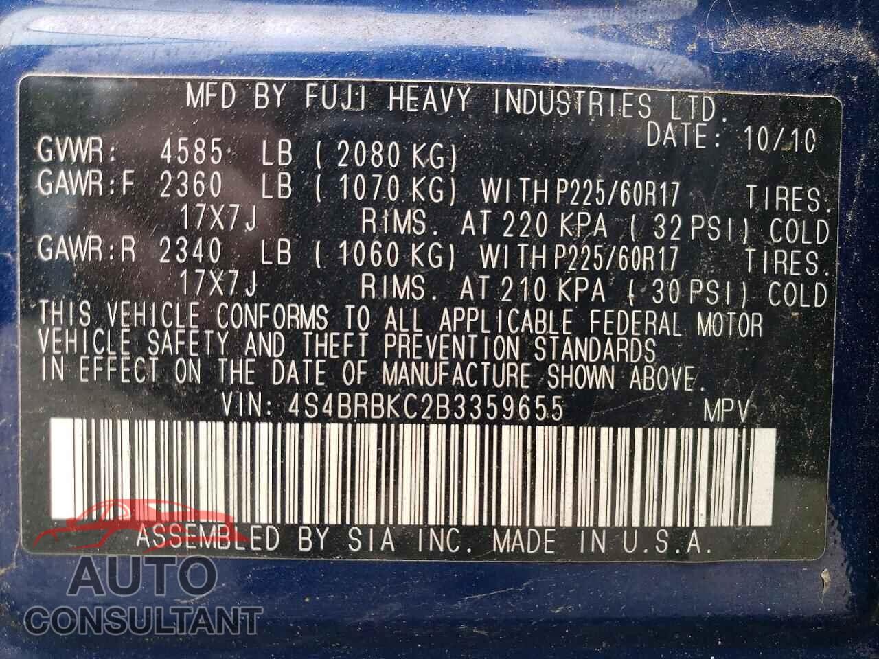 SUBARU OUTBACK 2011 - 4S4BRBKC2B3359655