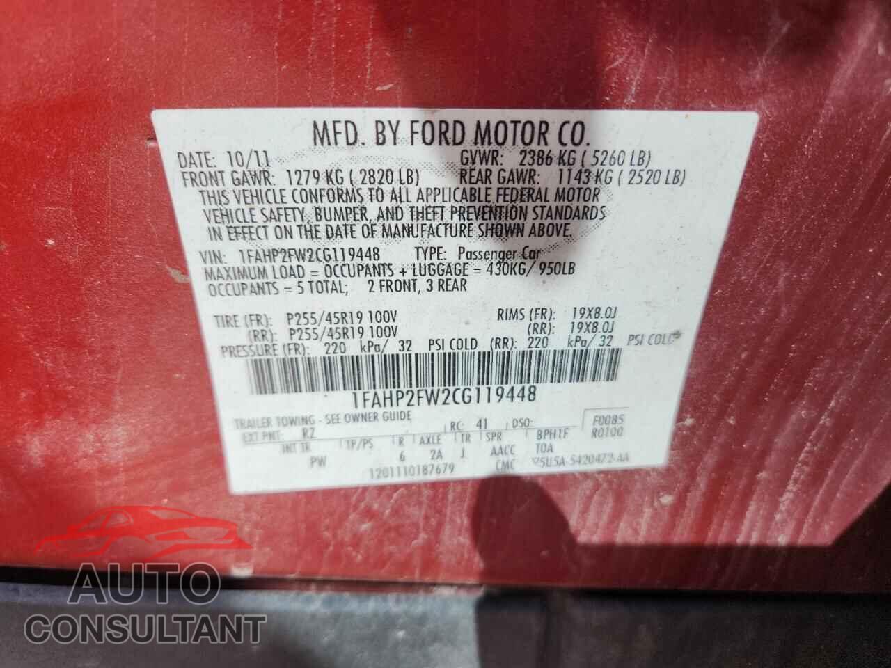 FORD TAURUS 2012 - 1FAHP2FW2CG119448