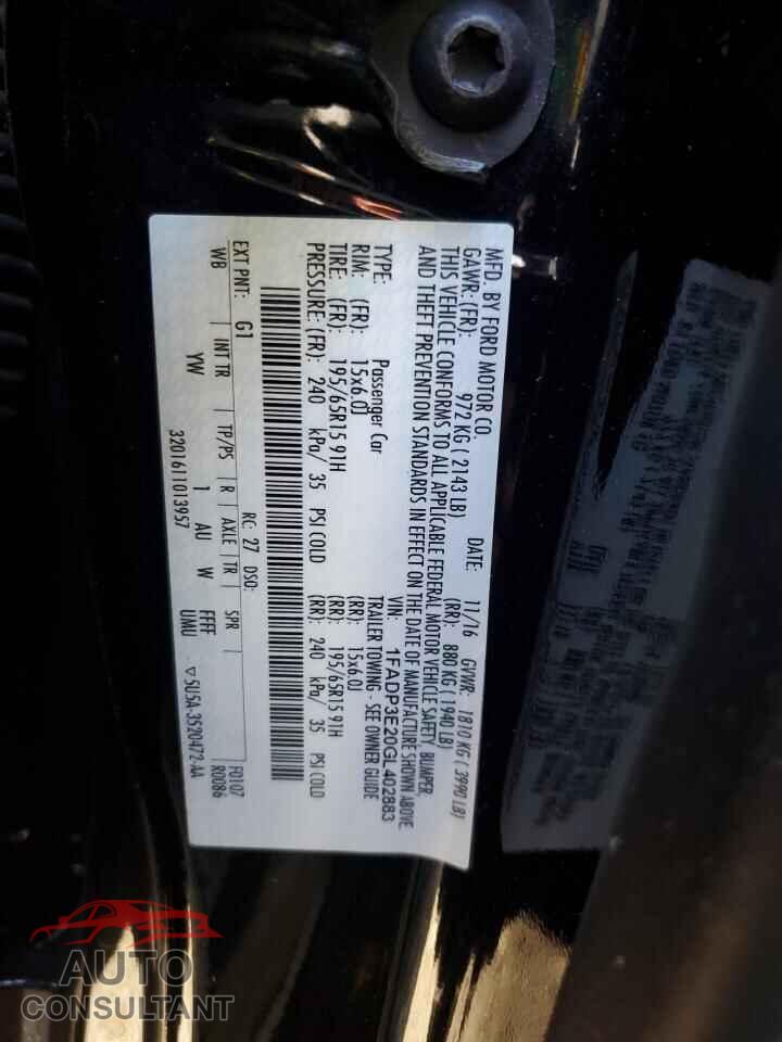FORD FOCUS 2016 - 1FADP3E20GL402883