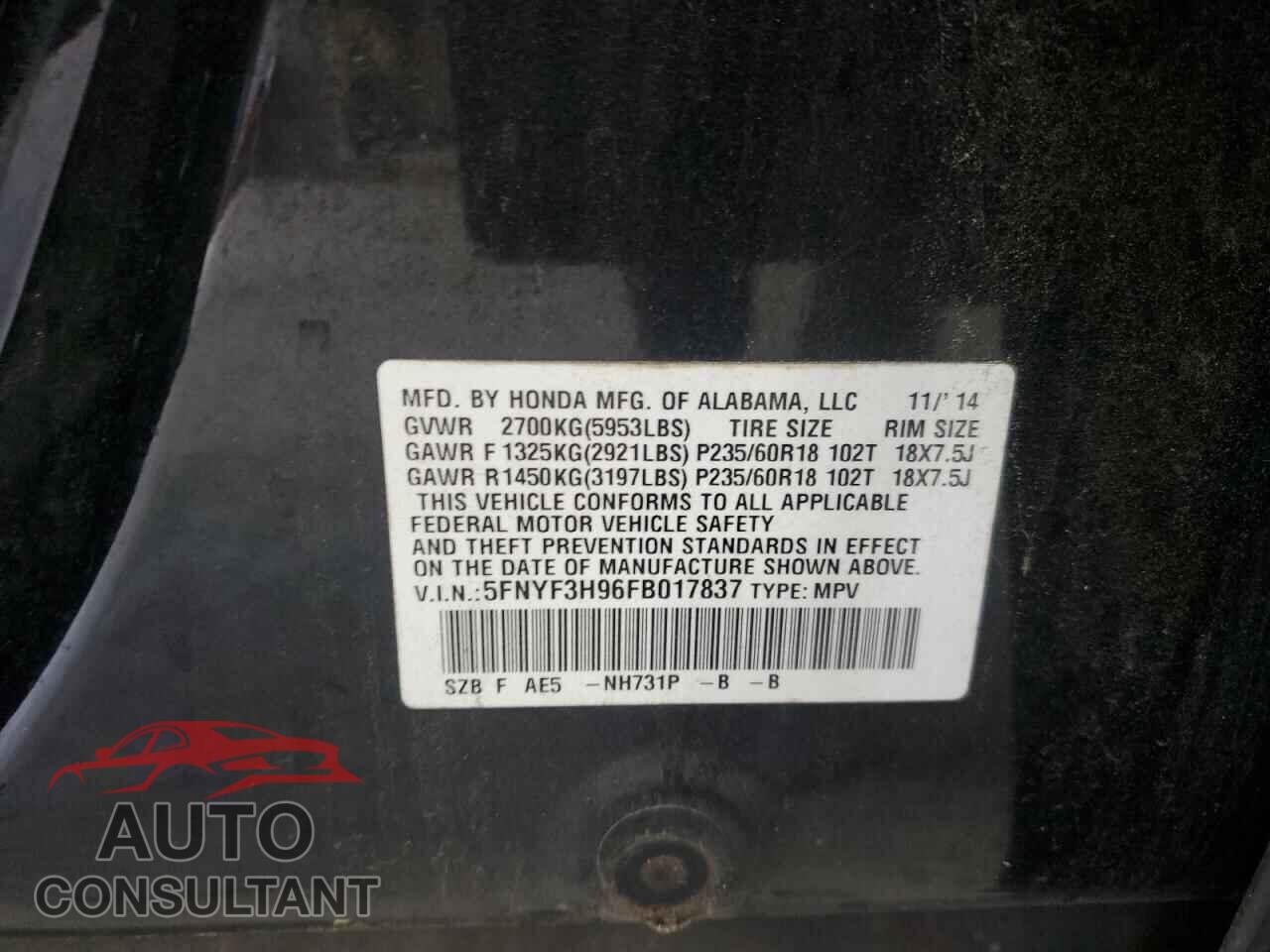 HONDA PILOT 2015 - 5FNYF3H96FB017837
