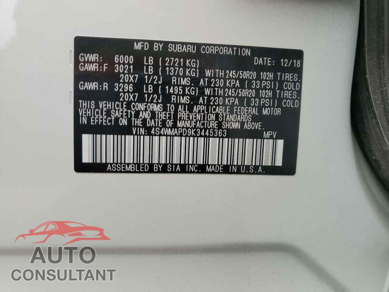 SUBARU ASCENT 2019 - 4S4WMAPD9K3445363