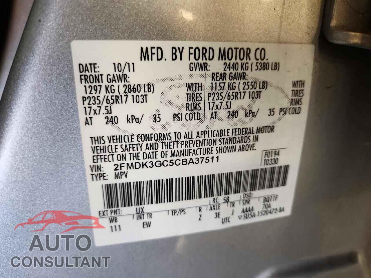 FORD EDGE 2012 - 2FMDK3GC5CBA37511