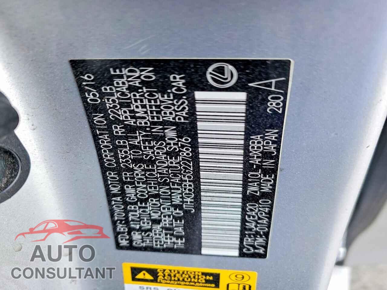 LEXUS CT 200 2016 - JTHKD5BH5G2278676