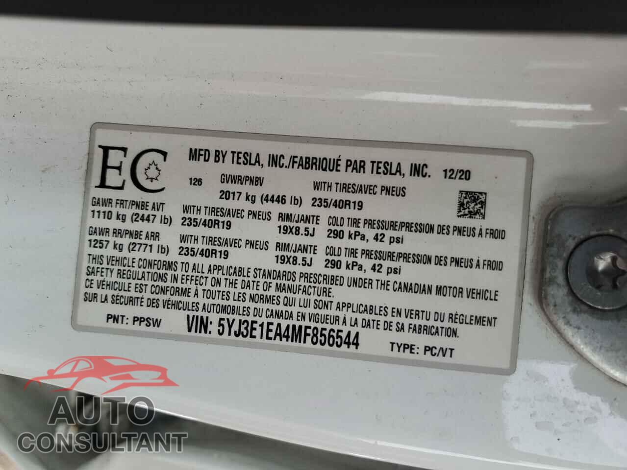 TESLA MODEL 3 2021 - 5YJ3E1EA4MF856544