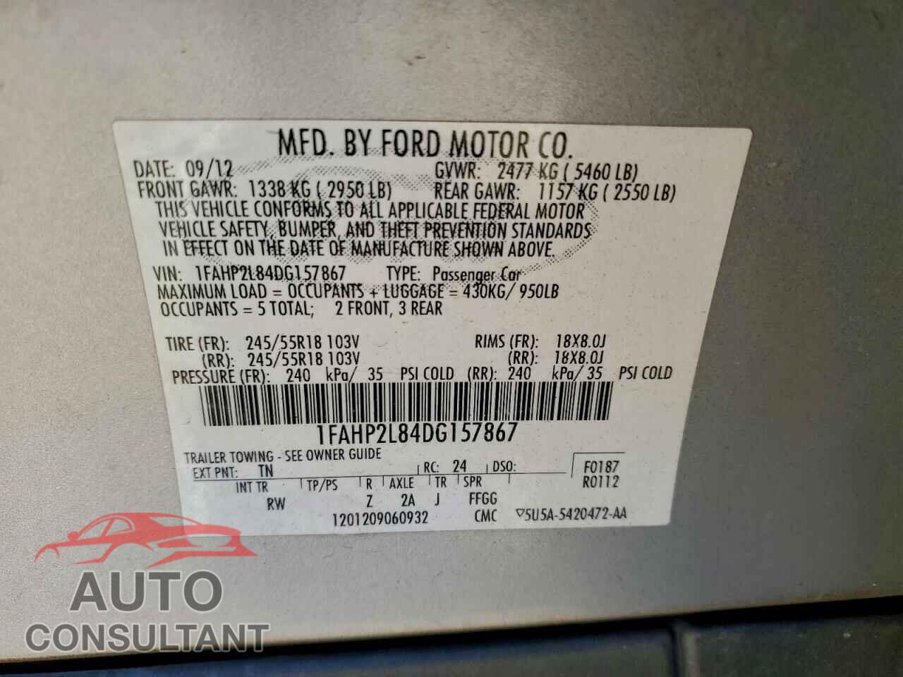 FORD TAURUS 2013 - 1FAHP2L84DG157867
