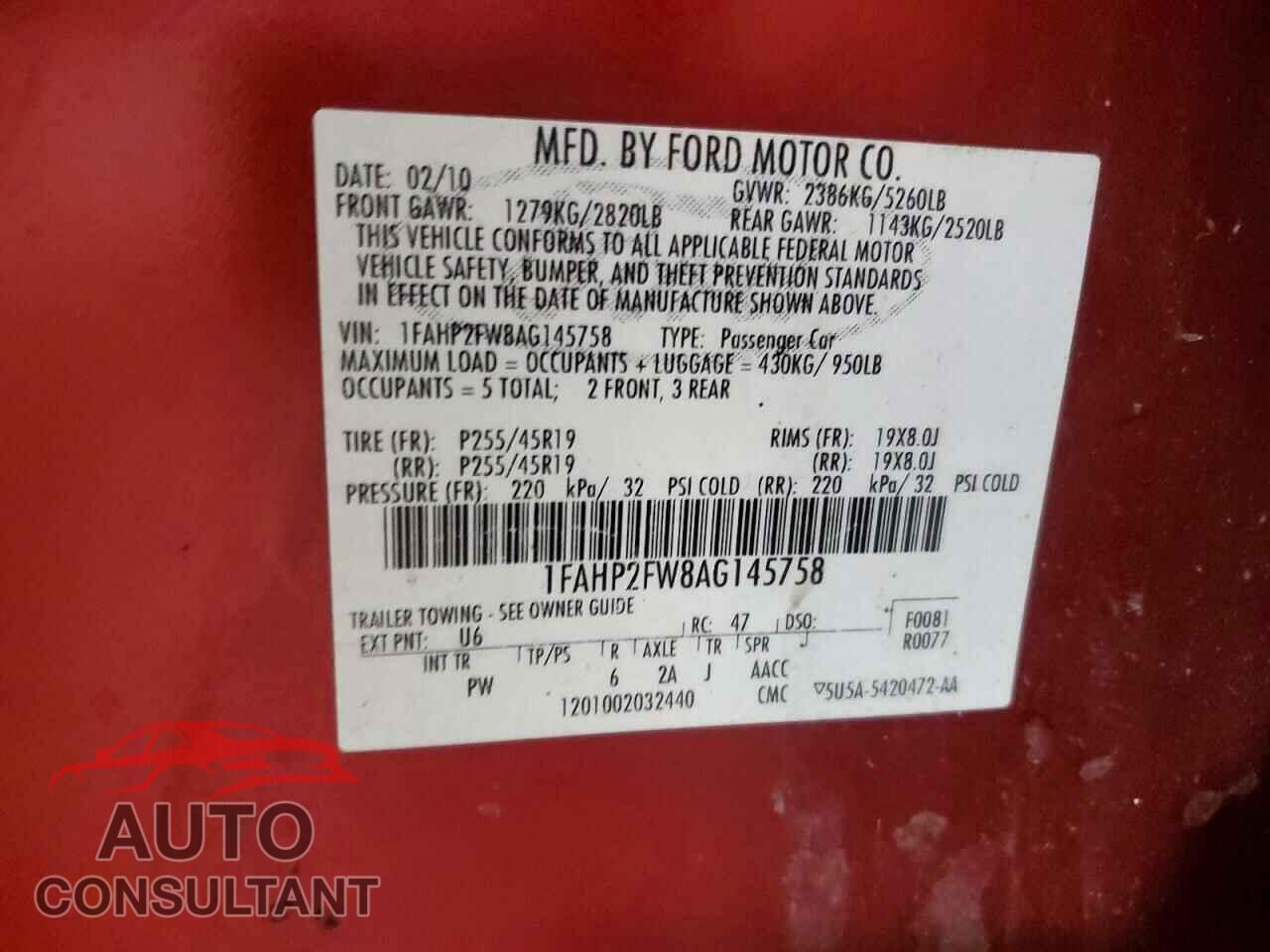 FORD TAURUS 2010 - 1FAHP2FW8AG145758