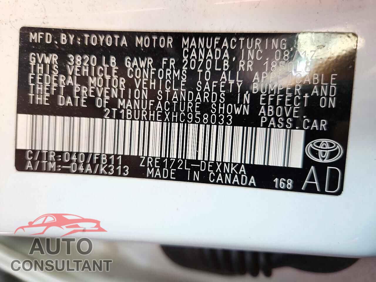 TOYOTA COROLLA 2017 - 2T1BURHEXHC958033