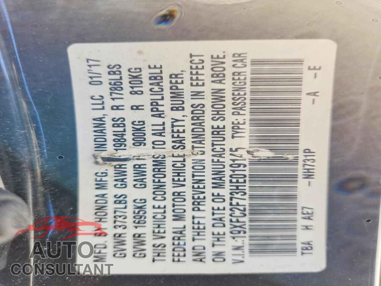 HONDA CIVIC 2017 - 19XFC2F73HE019145