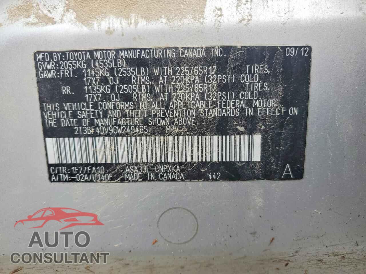 TOYOTA RAV4 2012 - 2T3BF4DV9CW249465