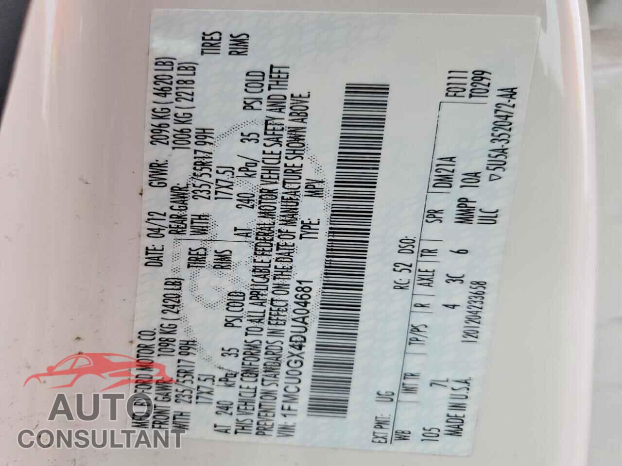 FORD ESCAPE 2013 - 1FMCU0GX4DUA04681