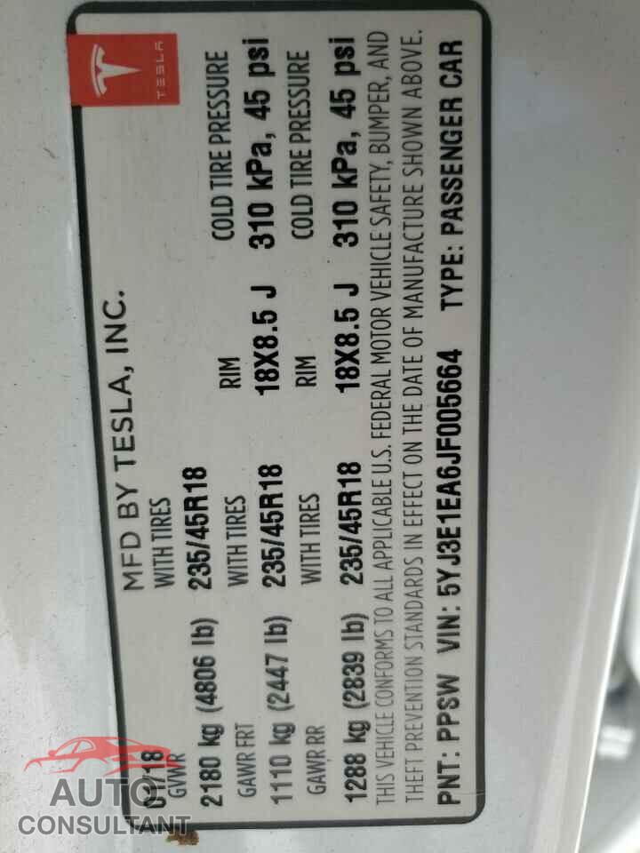 TESLA MODEL 3 2018 - 5YJ3E1EA6JF005664