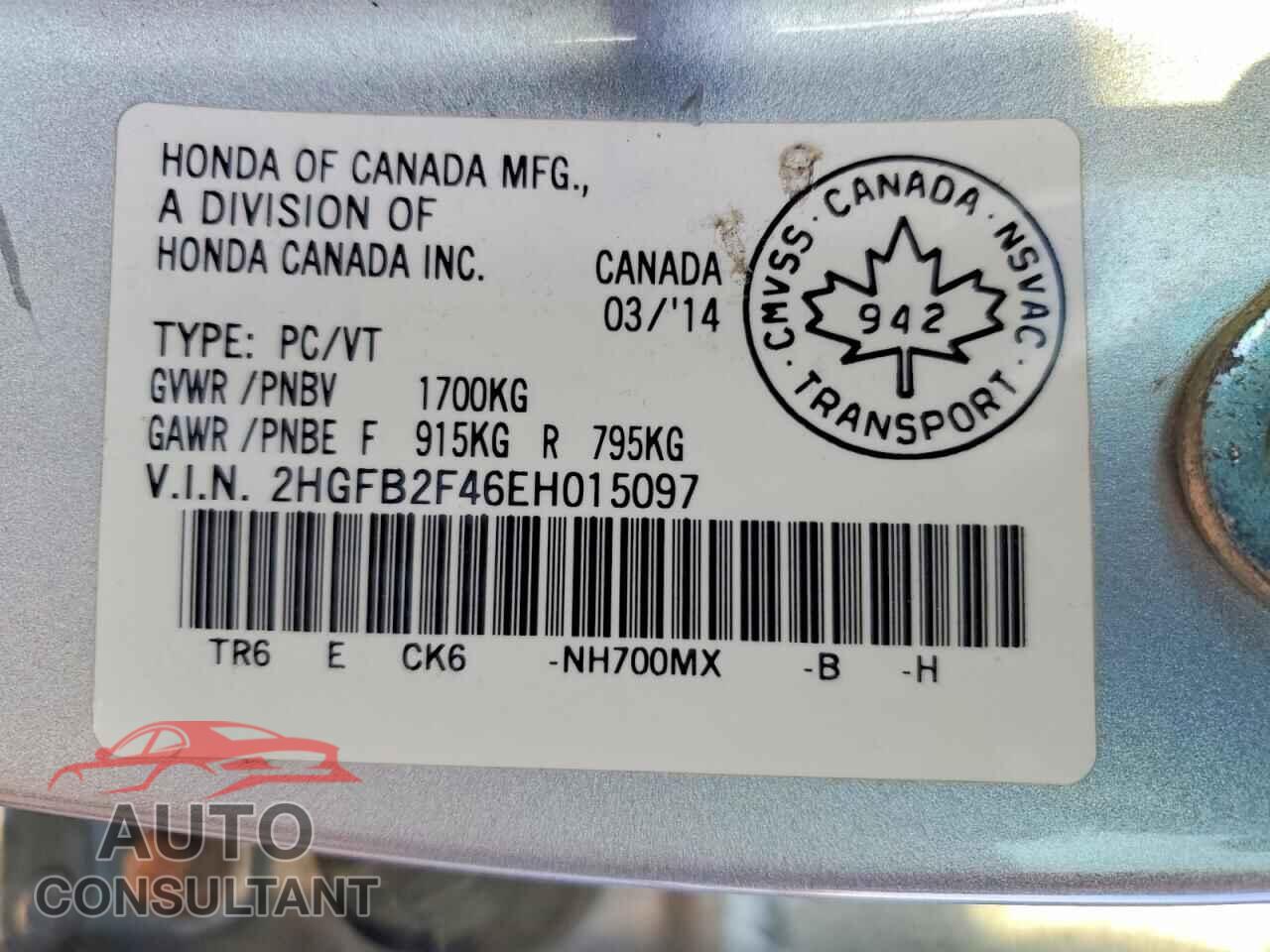 HONDA CIVIC 2014 - 2HGFB2F46EH015097