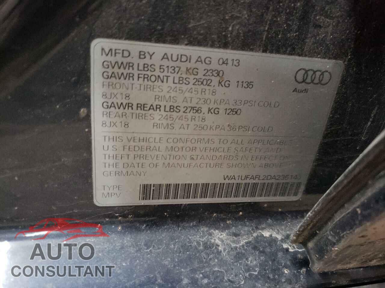 AUDI A4 2013 - WA1UFAFL2DA235145