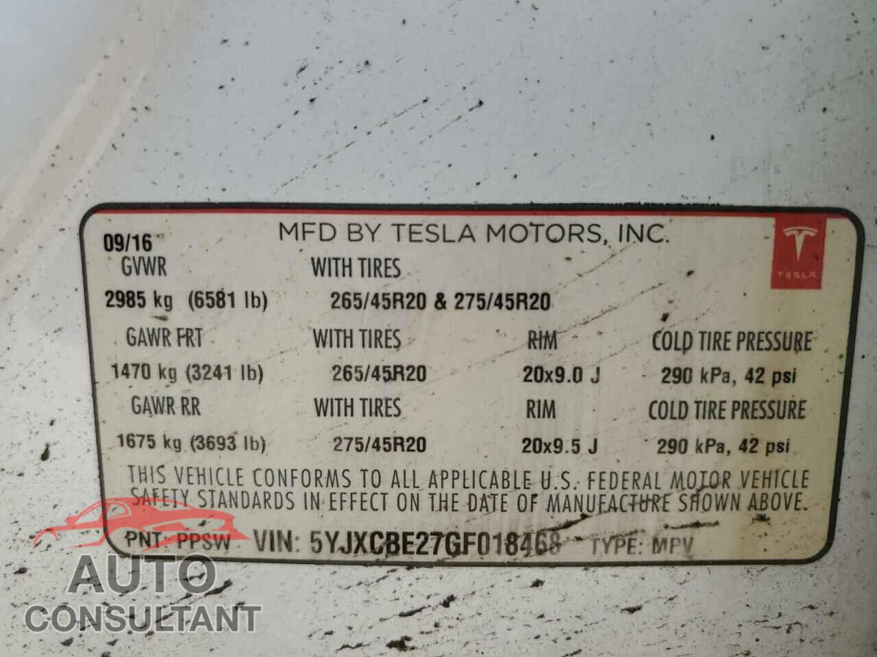 TESLA MODEL X 2016 - 5YJXCBE27GF018468