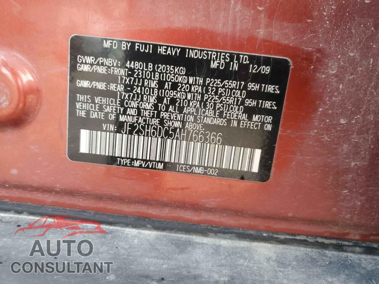 SUBARU FORESTER 2010 - JF2SH6DC5AH766366