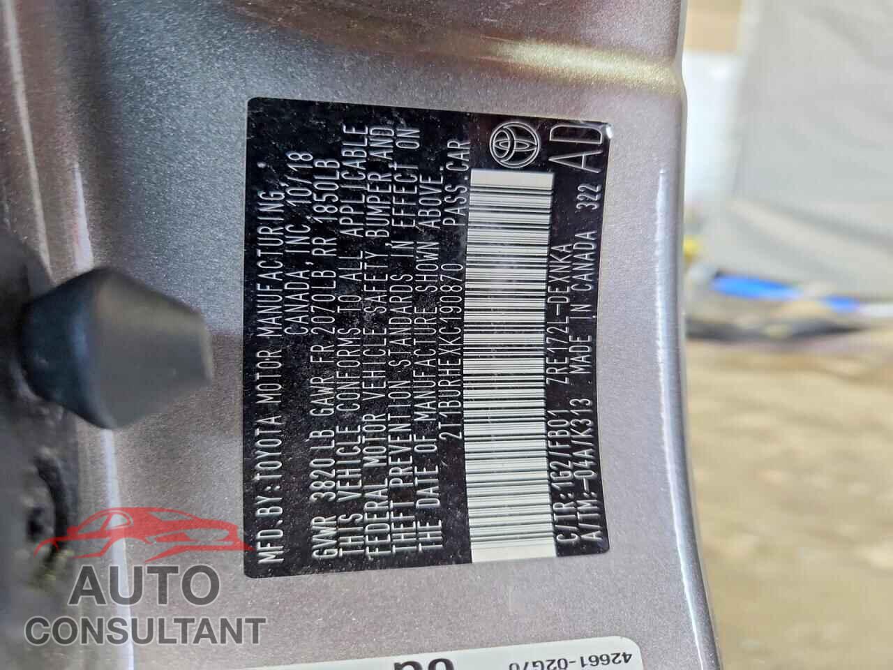 TOYOTA COROLLA 2019 - 2T1BURHEXKC190870