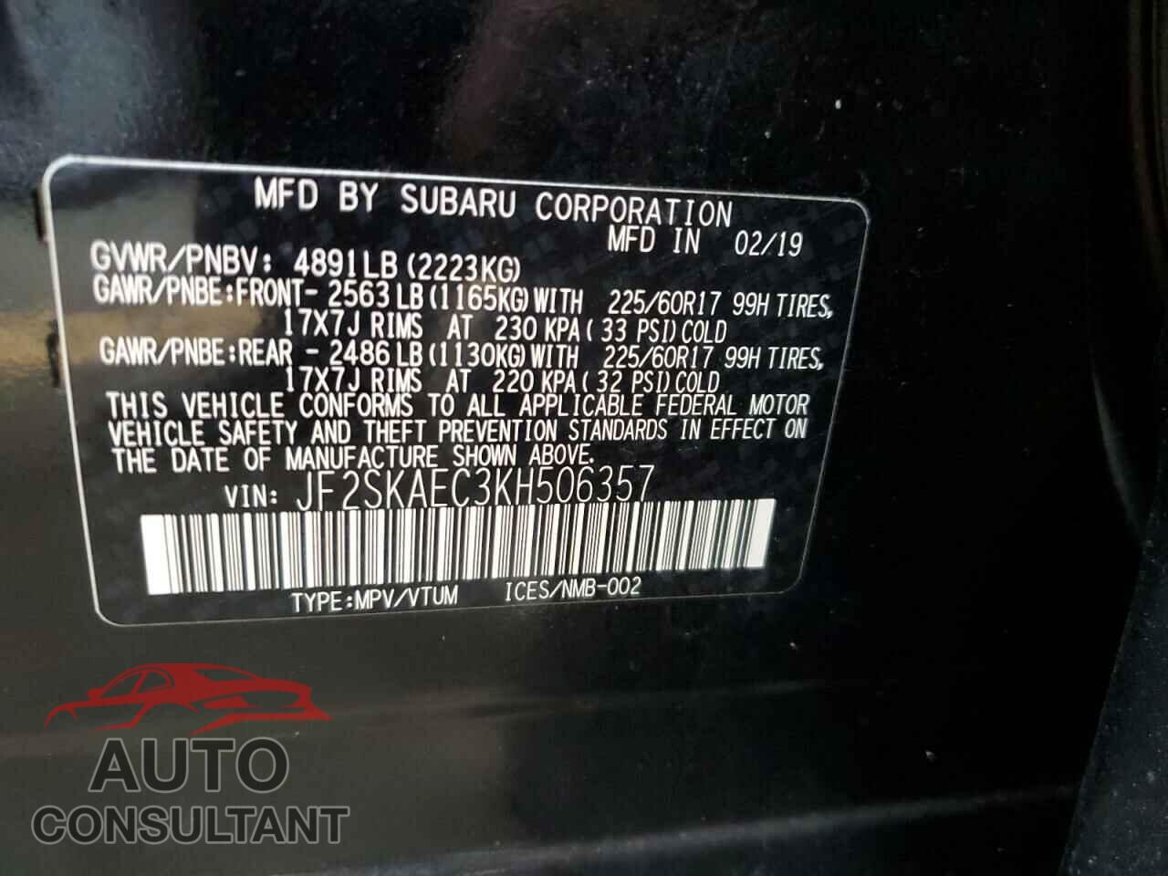 SUBARU FORESTER 2019 - JF2SKAEC3KH506357