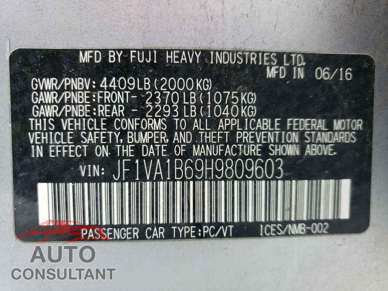 SUBARU WRX 2017 - JF1VA1B69H9809603