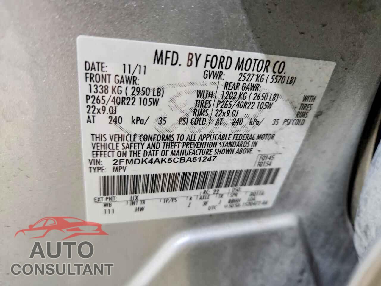 FORD EDGE 2012 - 2FMDK4AK5CBA61247