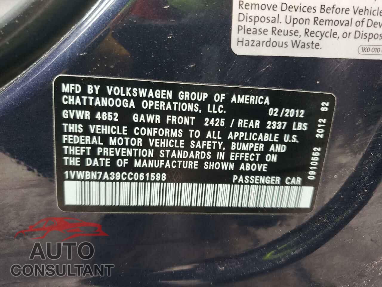 VOLKSWAGEN PASSAT 2012 - 1VWBN7A39CC061598