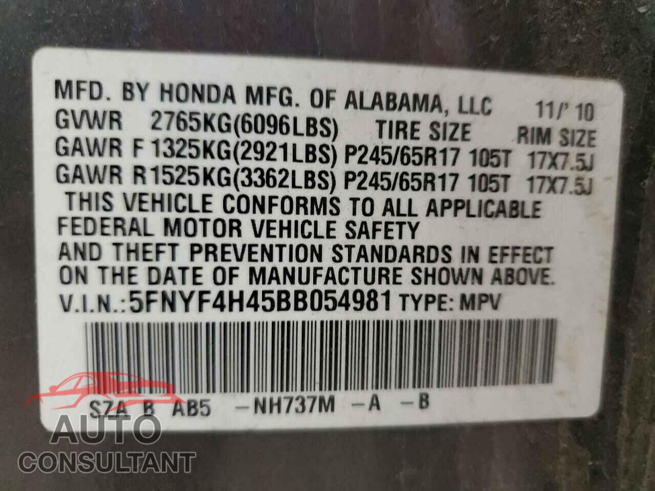 HONDA PILOT 2011 - 5FNYF4H45BB054981