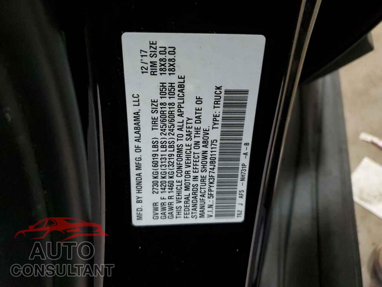 HONDA RIDGELINE 2018 - 5FPYK3F74JB011175