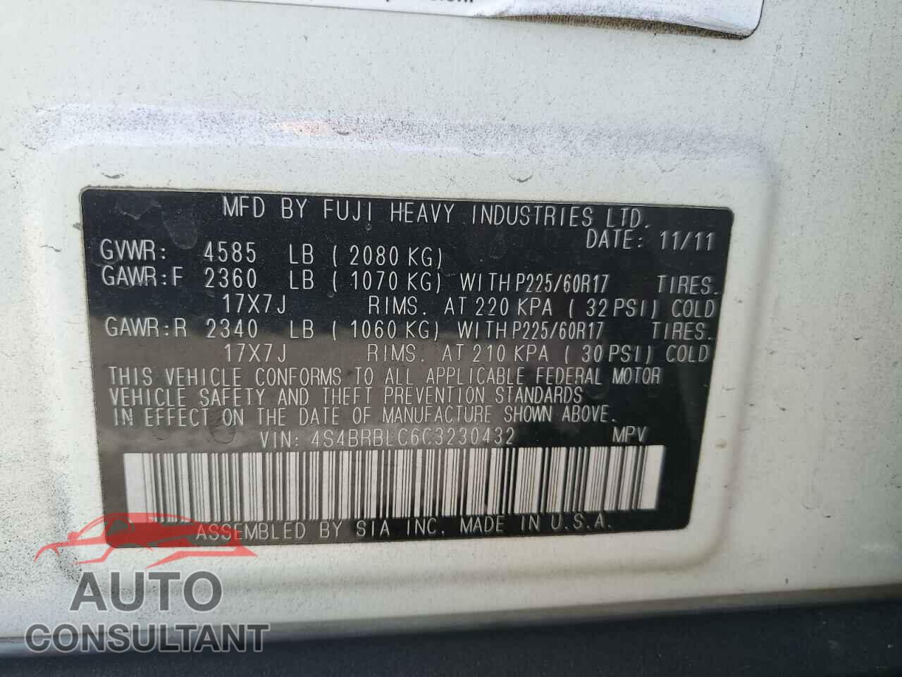 SUBARU OUTBACK 2012 - 4S4BRBLC6C3230432