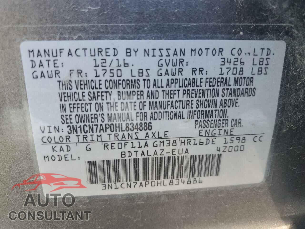 NISSAN VERSA 2017 - 3N1CN7AP0HL834886