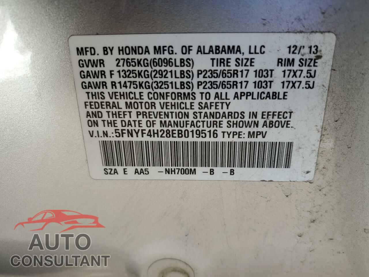 HONDA PILOT 2014 - 5FNYF4H28EB019516
