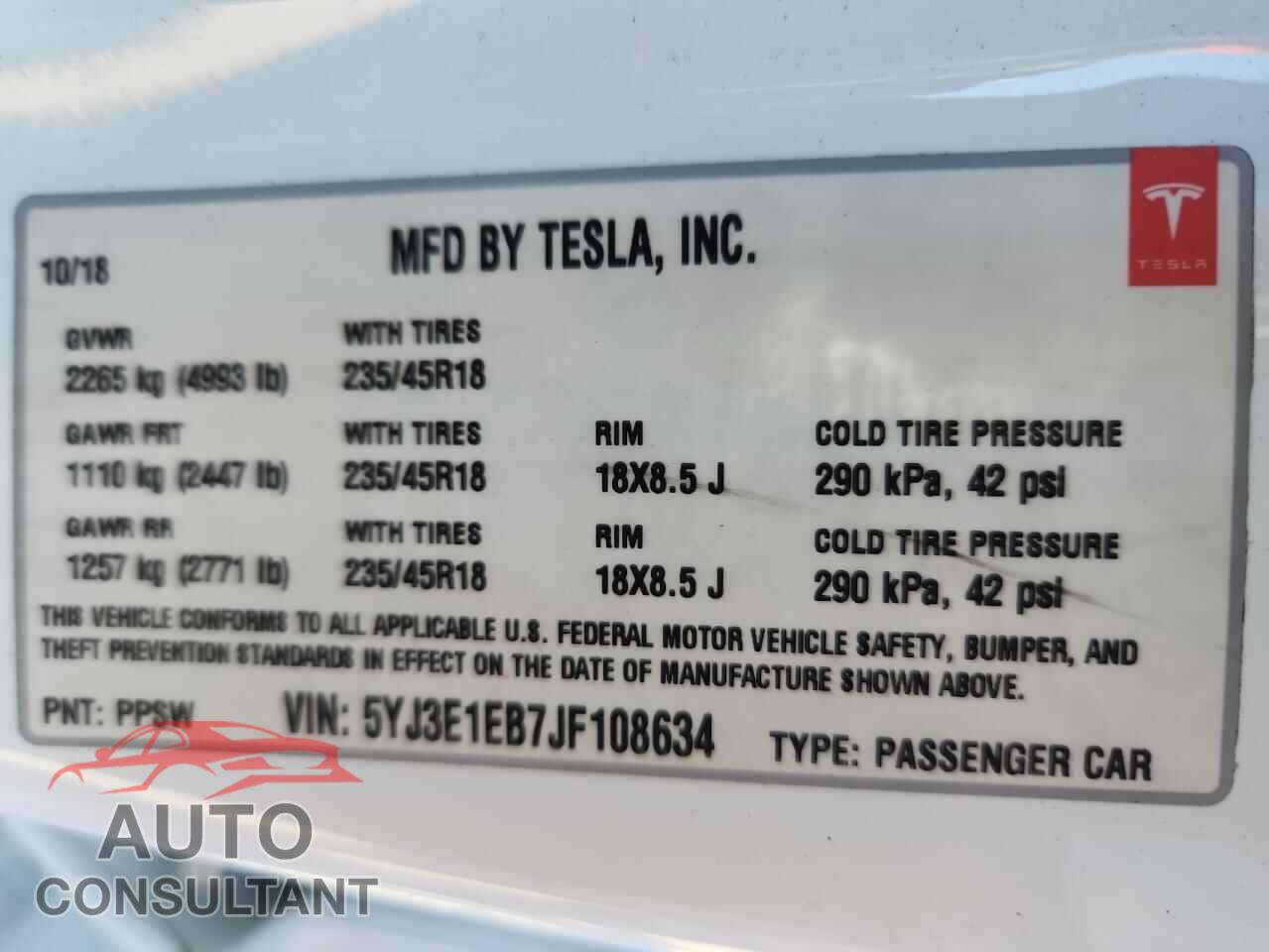 TESLA MODEL 3 2018 - 5YJ3E1EB7JF108634