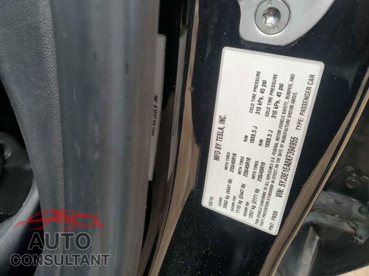 TESLA MODEL 3 2019 - 5YJ3E1EA8KF394955