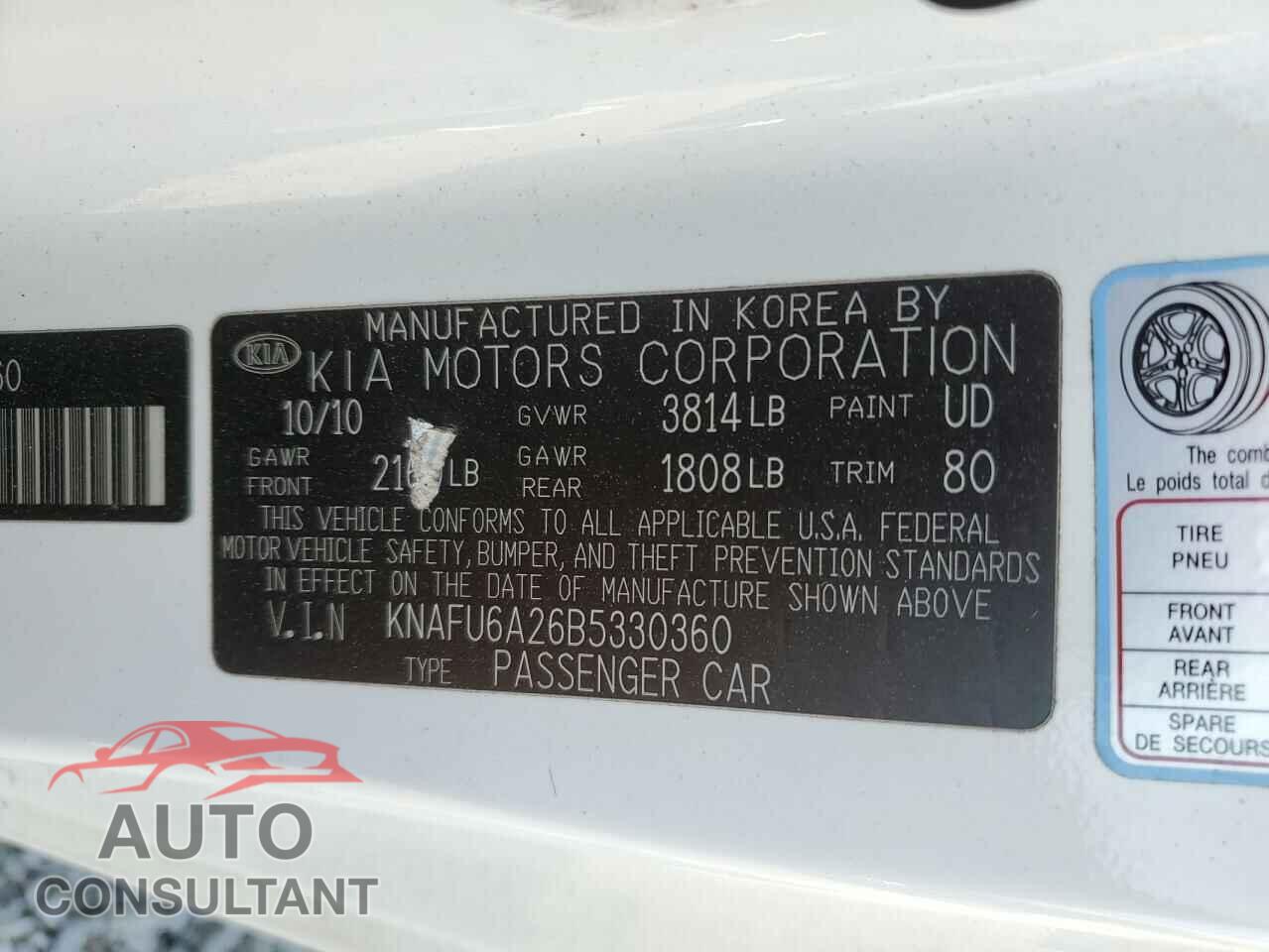 KIA FORTE 2011 - KNAFU6A26B5330360