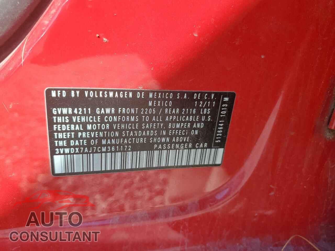 VOLKSWAGEN JETTA 2012 - 3VWDX7AJ7CM361172