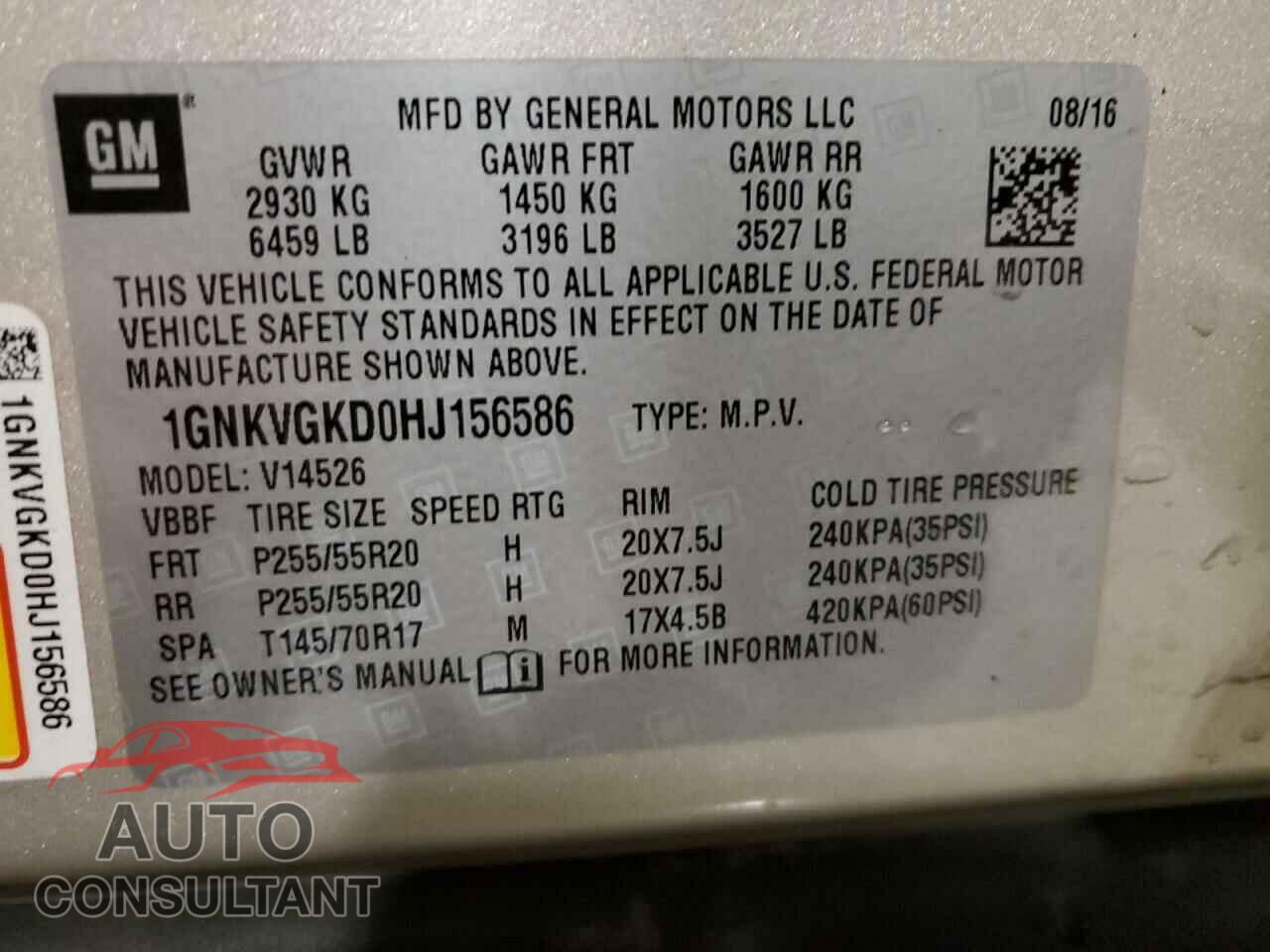 CHEVROLET TRAVERSE 2017 - 1GNKVGKD0HJ156586