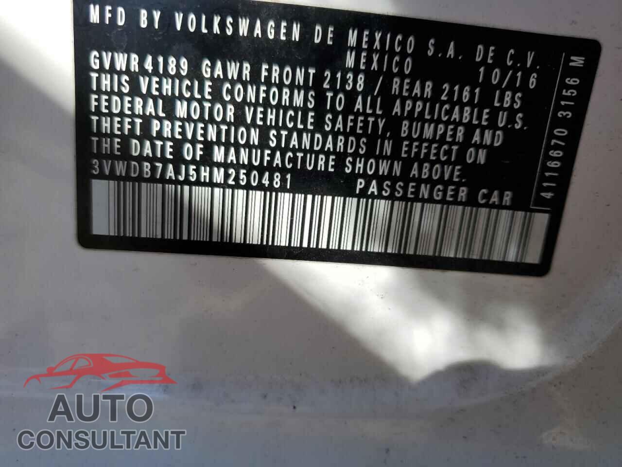 VOLKSWAGEN JETTA 2017 - 3VWDB7AJ5HM250481