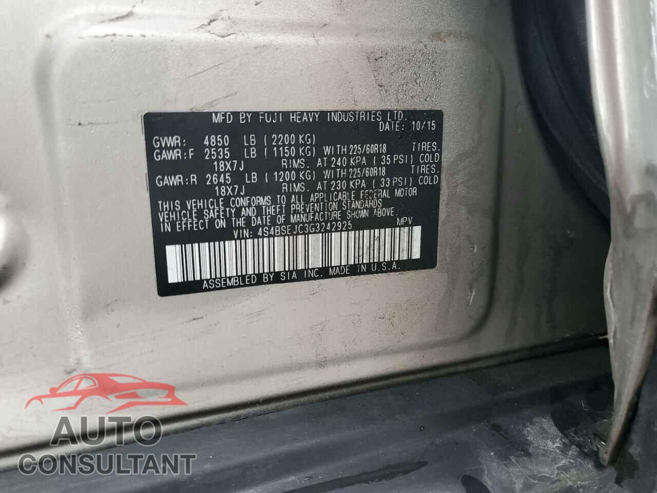 SUBARU OUTBACK 2016 - 4S4BSEJC3G3242925
