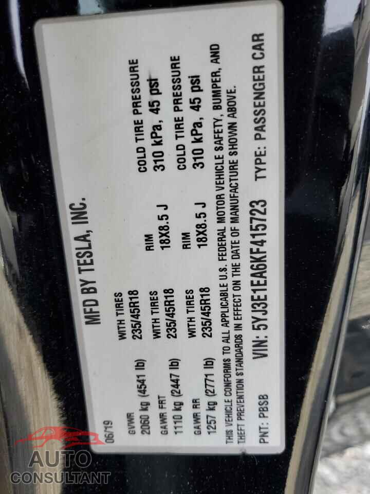 TESLA MODEL 3 2019 - 5YJ3E1EA6KF415723