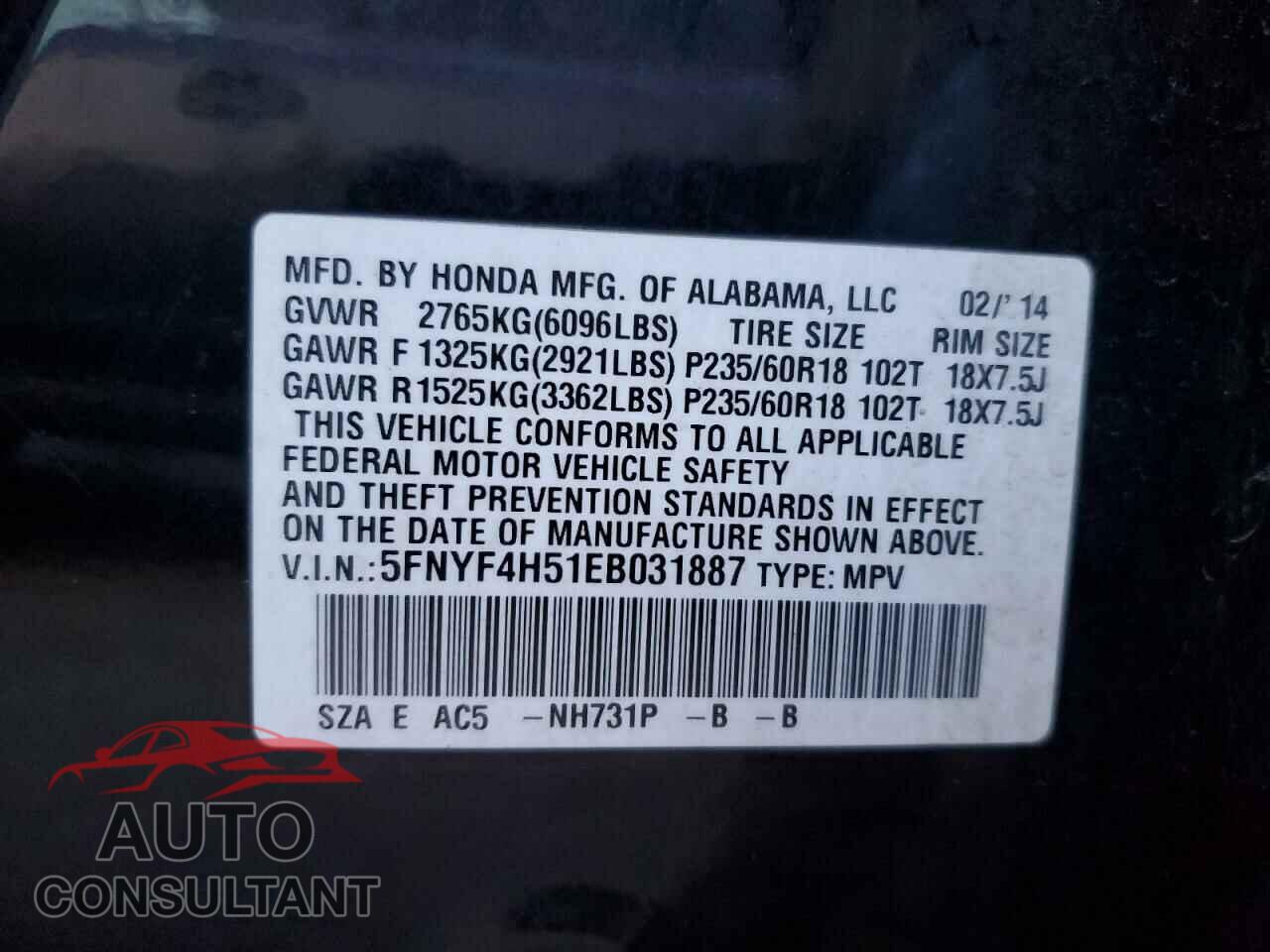 HONDA PILOT 2014 - 5FNYF4H51EB031887