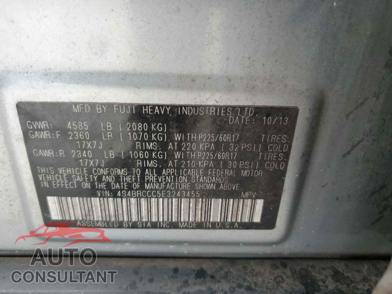 SUBARU OUTBACK 2014 - 4S4BRCCC5E3243455